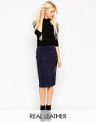 Asos Suede Pencil Skirt With Patent Leather Pockets - Navy