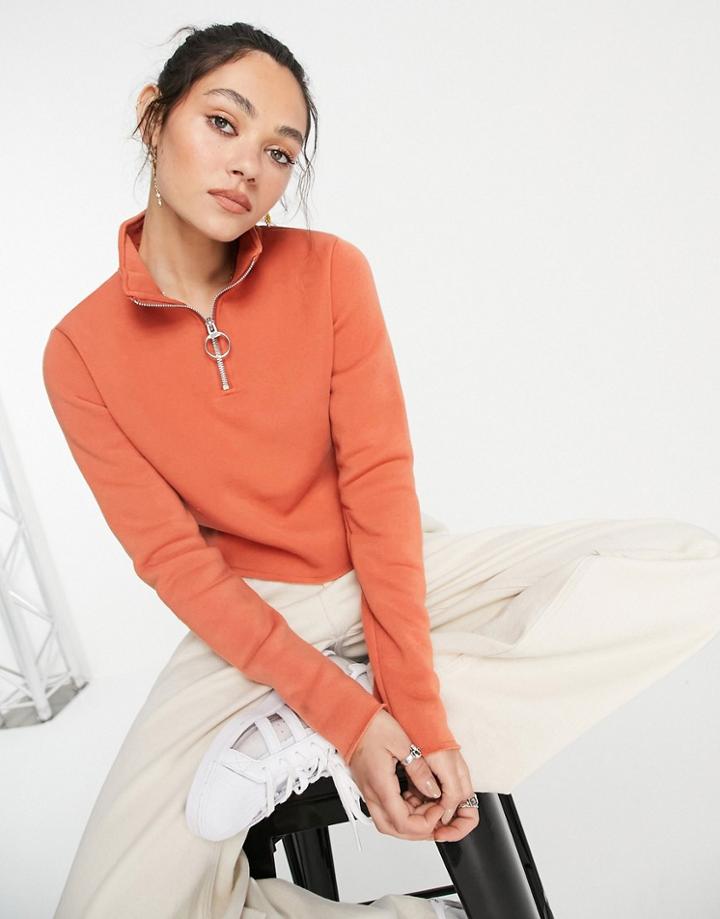 Topshop Half Zip Funnel Sweatshirt In Rust-orange