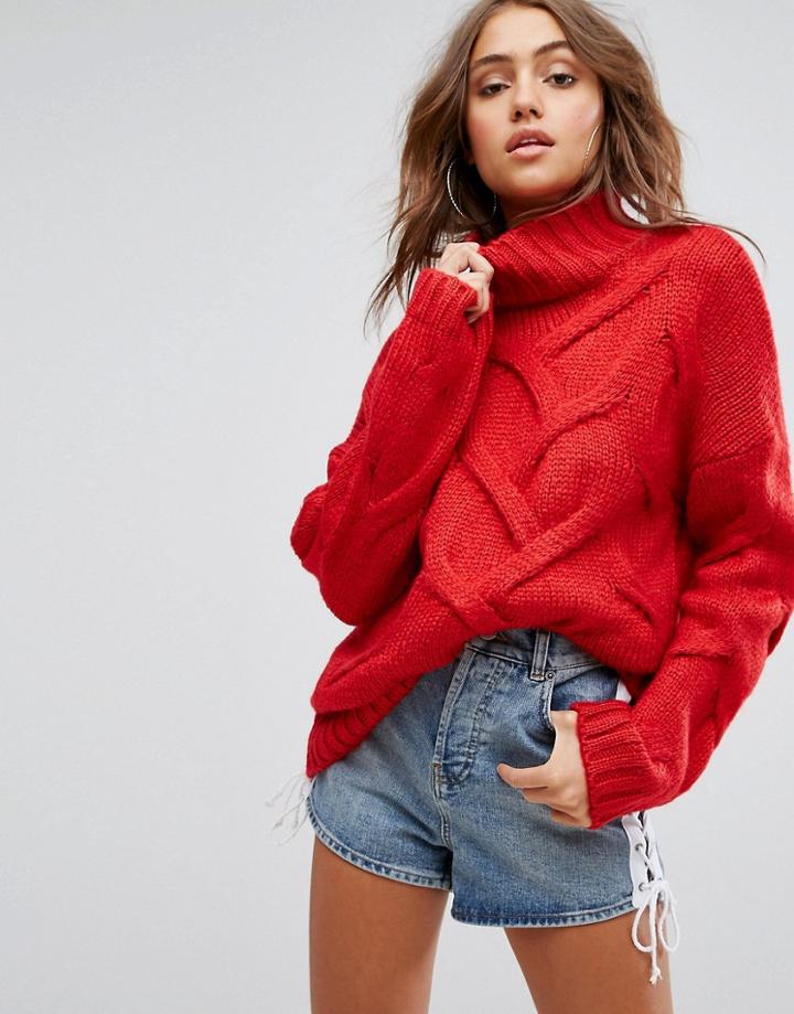 Boohoo Soft Knit Cable Sweater - Red