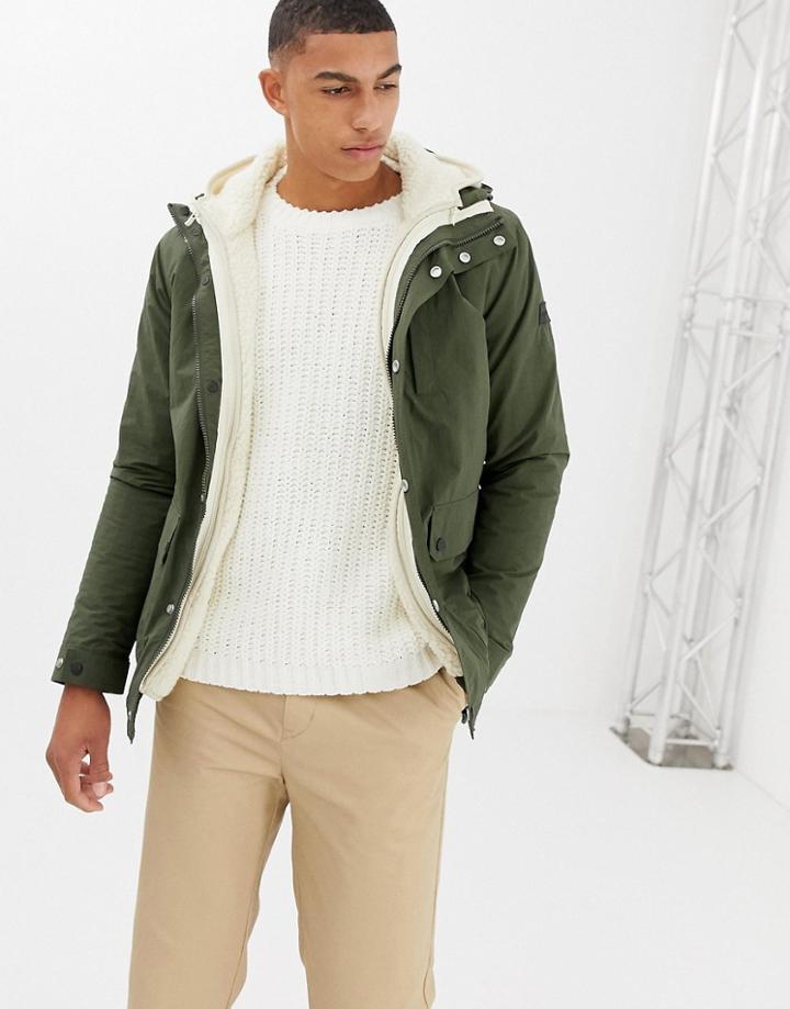 Farah Polder Detachable Borg Insert Hooded Jacket In Khaki - Green