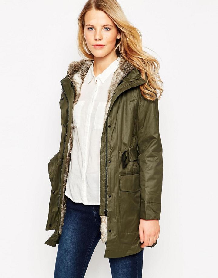 Mango Coated Hooded Parka With Detachable Faux Fur Lining - Hunting Green