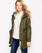 Mango Coated Hooded Parka With Detachable Faux Fur Lining - Hunting Green