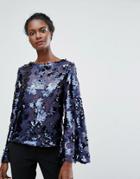 Endless Rose Leopard Print Sequin Top With Bell Sleeves - Navy