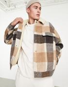 Asos Design Oversized Jacket With Sherpa Lining In Brown Check
