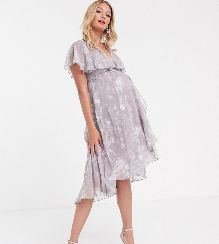 Asos Design Maternity Midi Dress With Cape Back And Dipped Hem In Gray Floral-multi
