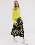 Asos Design Button Front Midi Skirt With Pockets In Yellow Floral - Multi