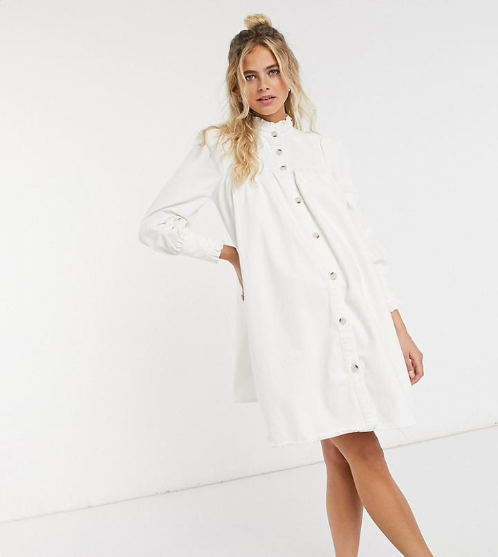 Asos Design Maternity Denim Pie Crust Smock Dress In Ivory-white