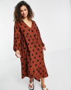 Asos Design Midi Smock Dress With Long Sleeves And Tiered Hem In Brown And Black Spot