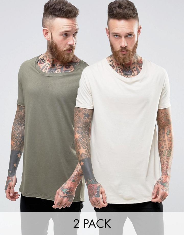 Asos 2 Pack Super Longline T-shirt With Stretch Neck In Green/beige -