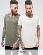 Asos 2 Pack Super Longline T-shirt With Stretch Neck In Green/beige -