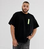 Asos Design Plus Oversized T-shirt With Half Sleeve Neon Utility Pocket In Black