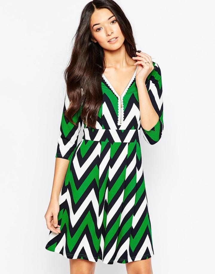 Traffic People Zip Skater Dress In Chevron Print