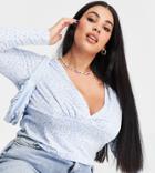 Asos Design Curve Exclusive Wrap Long Sleeve Top In Blue-blues