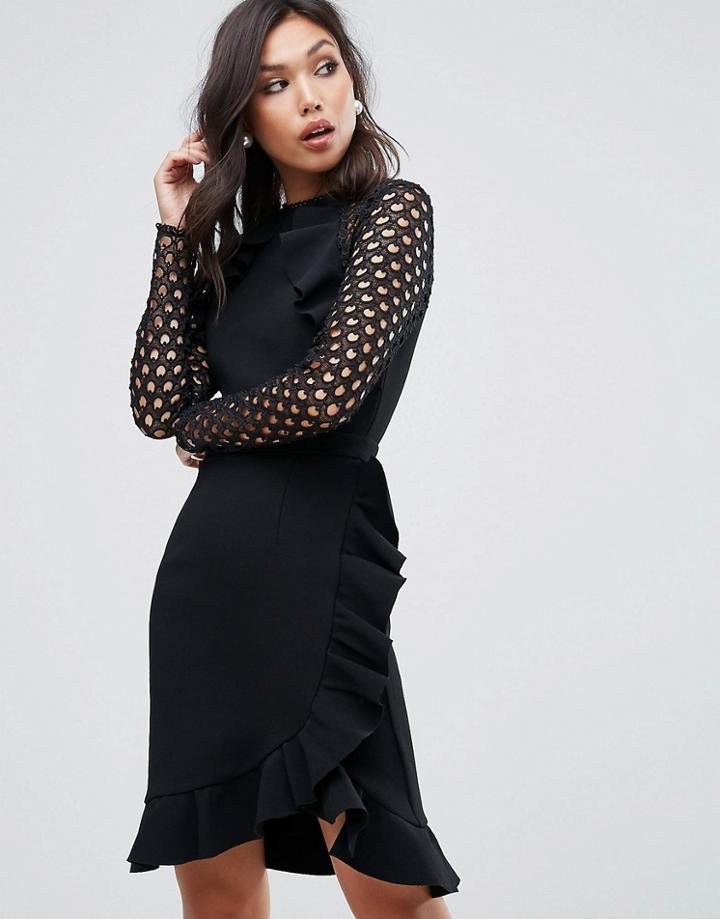 True Decadence Wrap Front Dress With Lace Sleeve Detail - Black