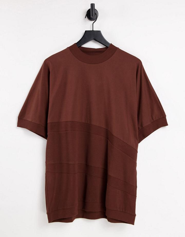 Asos Design Oversized T-shirt With Waffle And Rib Cut And Sew In Brown