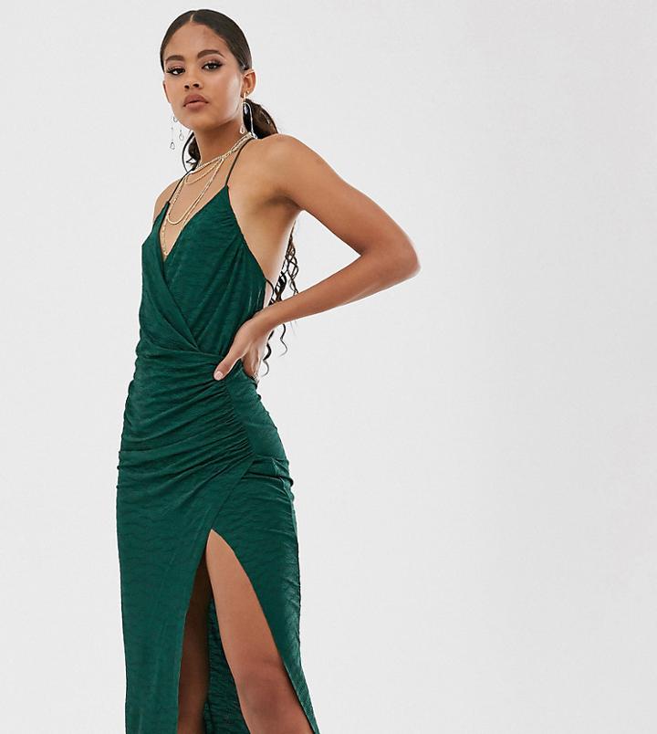 Asos Design Tall Textured Cami Wrap Plunge Midi Dress With Split-green