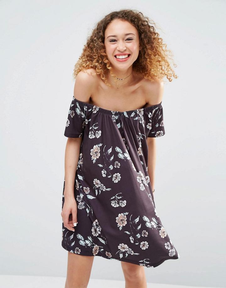 Asos Off Shoulder Dress In Floral Print - Multi