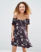 Asos Off Shoulder Dress In Floral Print - Multi