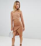 Boohoo Ribbed Long Sleeve Crop Top - Beige