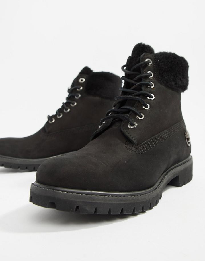 Timberland 6 Inch Premium Boots With Faux Fur Collar - Black