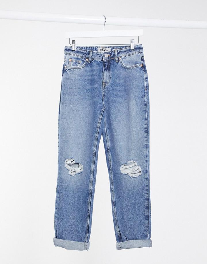New Look Ripped Boyfriend Jeans In Mid Blue-blues