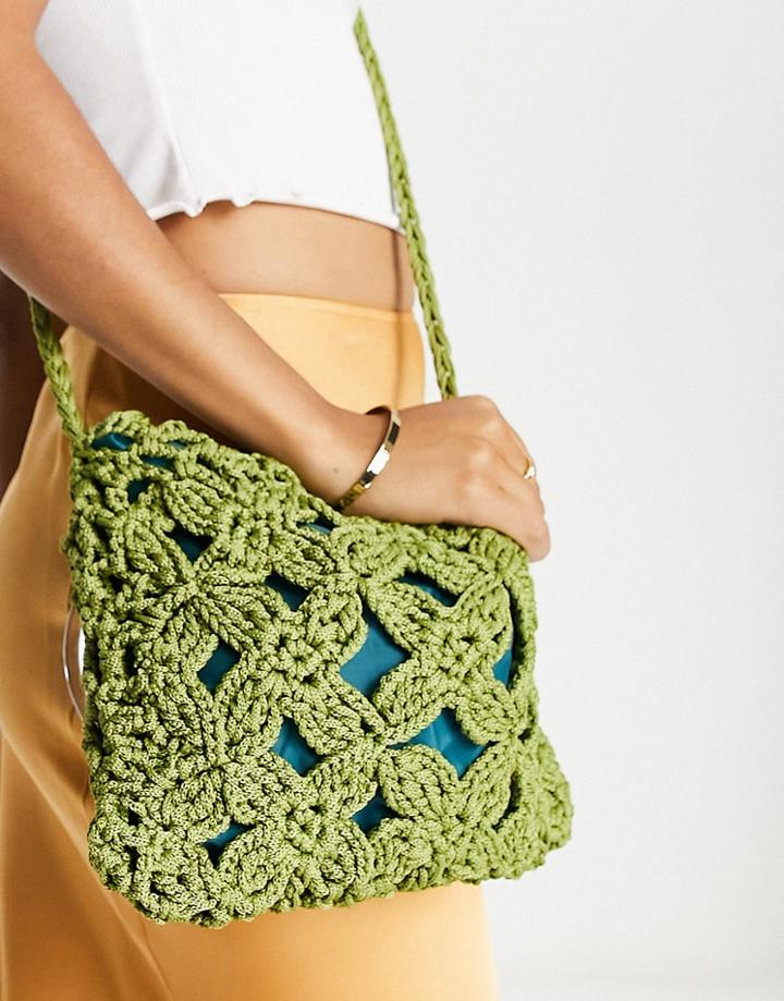Svnx Braided Cotton Cross Body Bag With Wooden Handle In Green