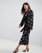 Asos Design Kimono Jumpsuit With Tipping In Dark Floral - Multi
