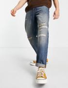 Topman Relaxed Rip And Repair Jeans In Dark Mid Wash Blue-blues
