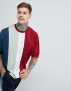 Asos Design Oversized T-shirt With Vertical Color Block In Burgundy - Red