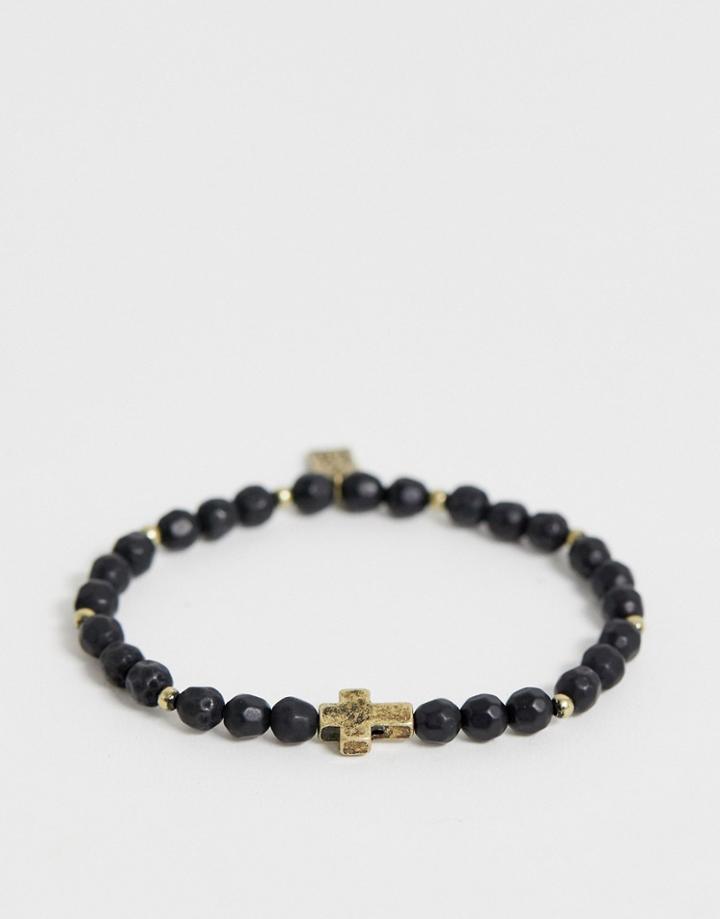 Icon Brand Beaded Bracelet With Gold Cross In Black - Black