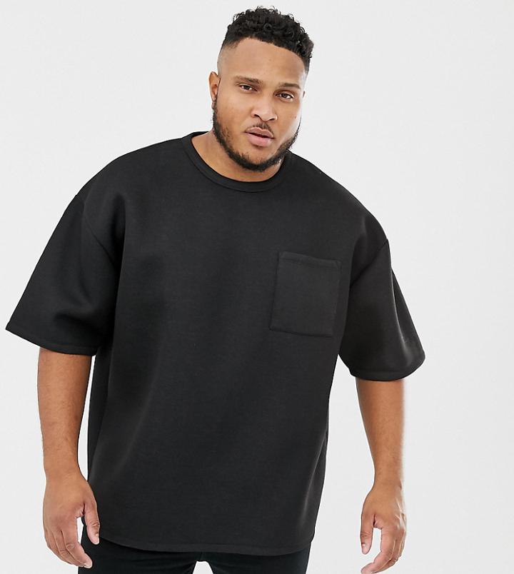 Asos Design Plus Oversized T-shirt With Half Sleeve In Scuba Fabric With Pocket In Black - Black