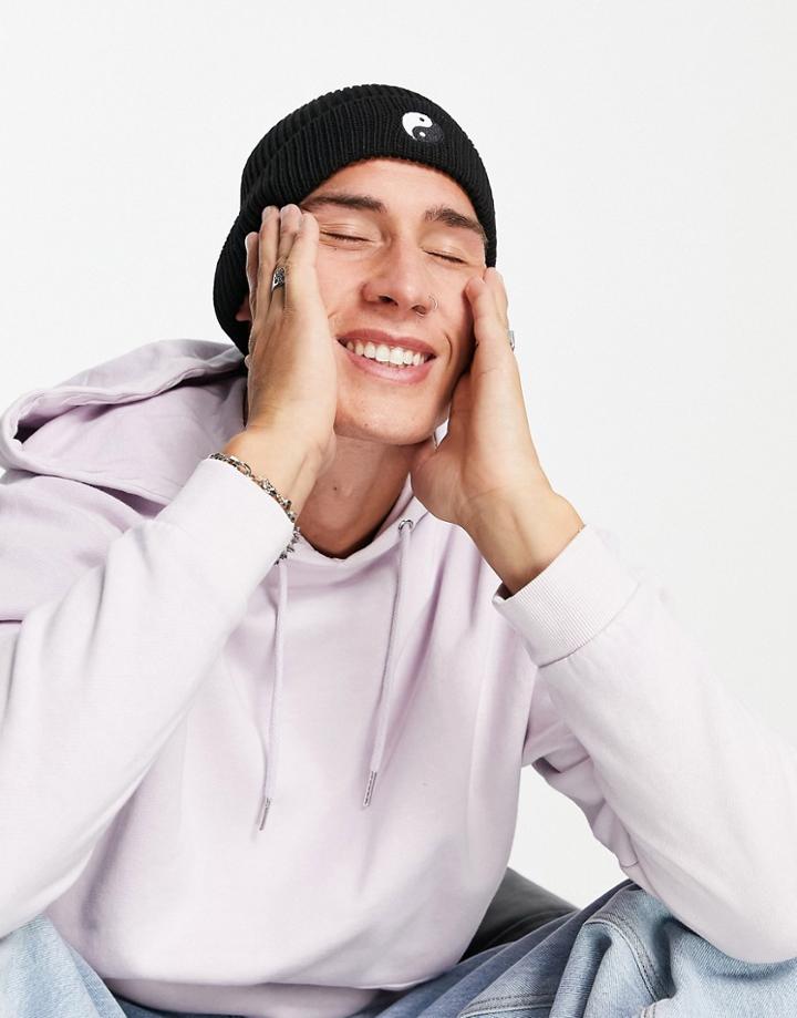 Asos Design Fisherman Beanie In Black With Ying Yang Embroidery