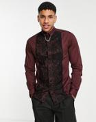 Twisted Tailor Formal Skinny Shirt In Burgundy With Lace Panel-red