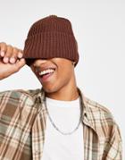 Asos Design Rib Beanie With Deep Turn Up In Chocolate Brown