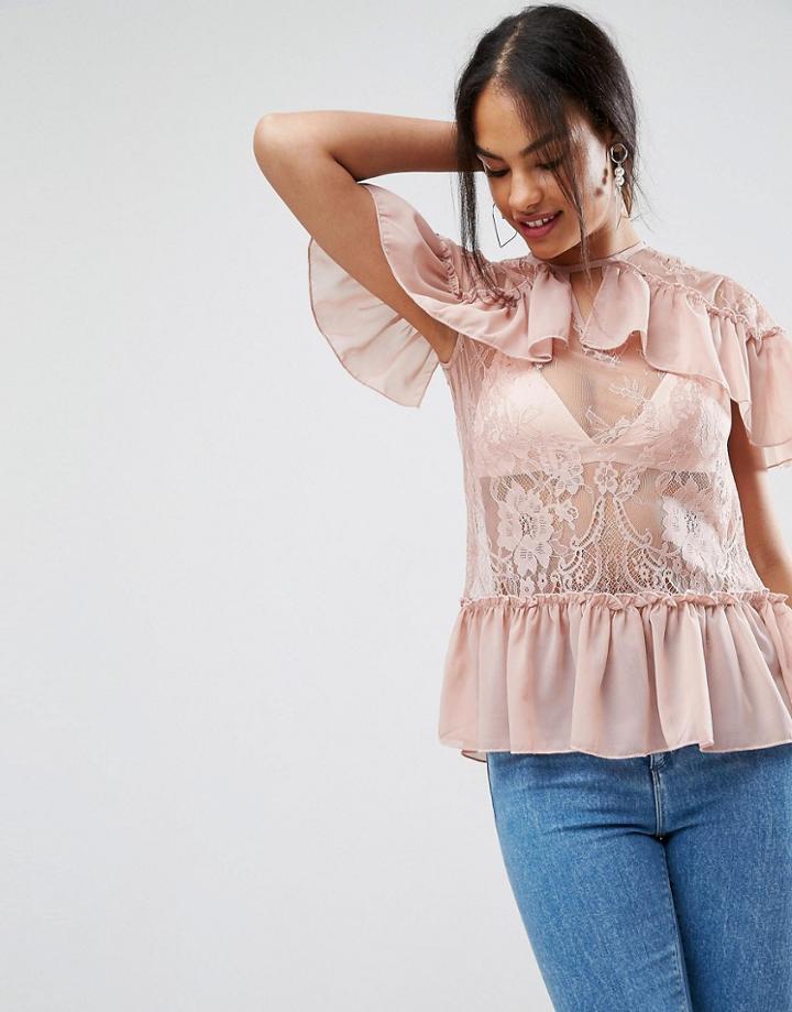 Asos Lace Top With Ruffles - Orange
