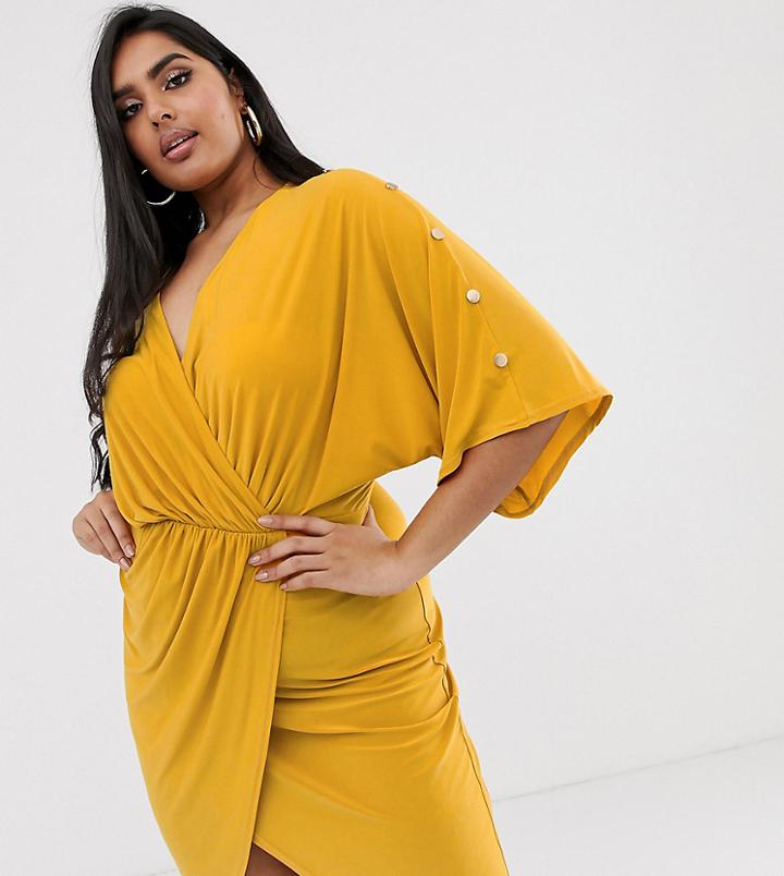 Koco & K Plus Plunge Front Pencil Dress With Gold Button Detail In Mustard - Yellow