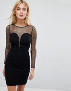Motel Bodycon Dress With Plunge Front And Sparkle Mesh Top - Black