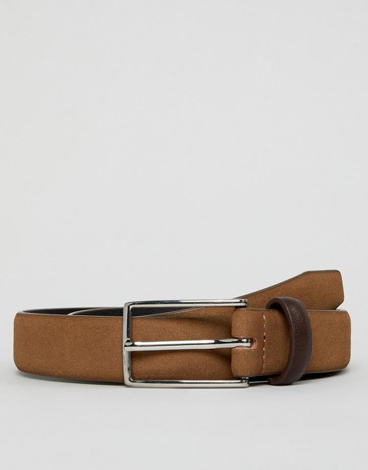 Asos Design Faux Suede Slim Belt In Tan With Contrast Brown Keeper - Tan