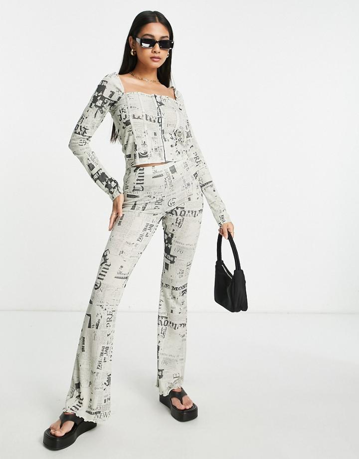 Topshop Newspaper Mesh Flare Pants In Mono - Part Of A Set-black