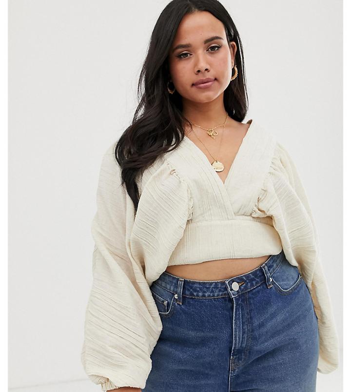 Asos Design Curve Long Sleeve Wrap Top With Tie Detail In Natural Crinkle - Stone