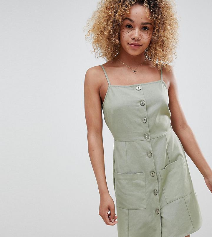 Asos Design Petite Button Through Linen Mini Sundress - Green