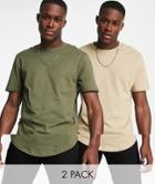 Only & Sons 2 Pack Longline Curved Hem T-shirt In Beige & Khaki-multi
