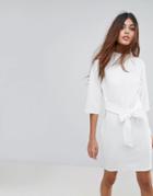 Closet Waffle Texture High Collar Front Tie Dress - White