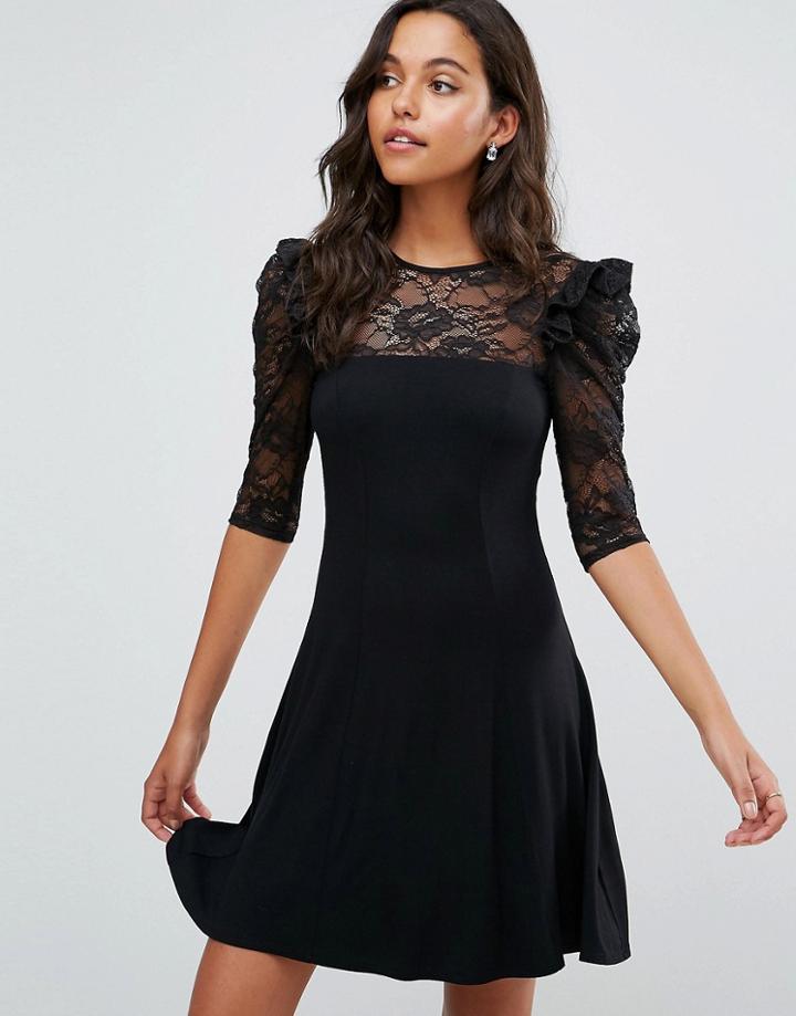Asos Mini Swing Dress With Lace Panel And Frill - Black