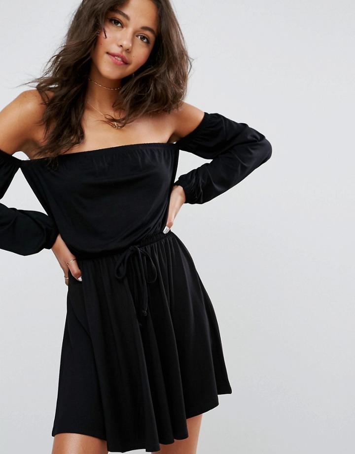Asos Bardot Long Sleeve Skater Dress - Black