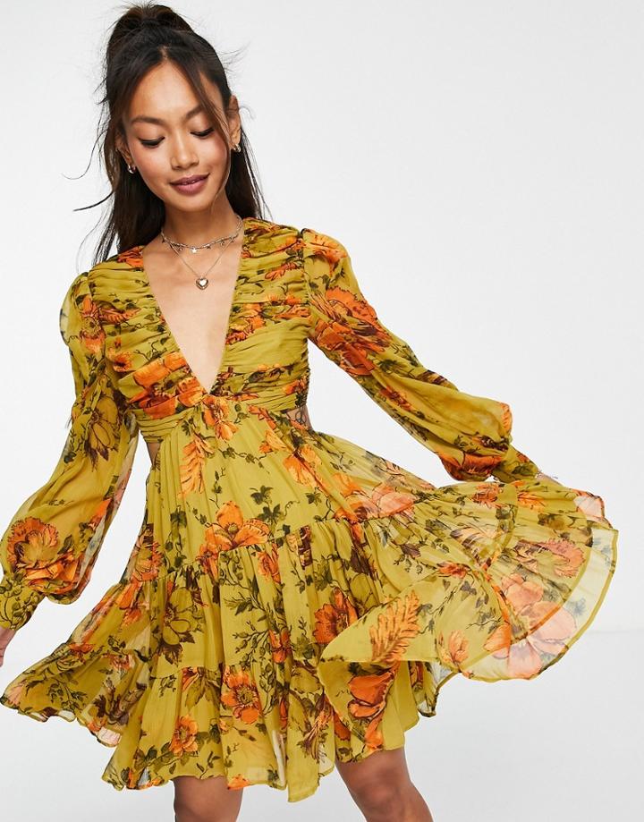 Asos Design Soft Pleated Bodice Mini Dress With Tiered Skirt And Lace Up Back Detail In Olive Color Pop Floral-multi
