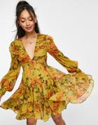 Asos Design Soft Pleated Bodice Mini Dress With Tiered Skirt And Lace Up Back Detail In Olive Color Pop Floral-multi