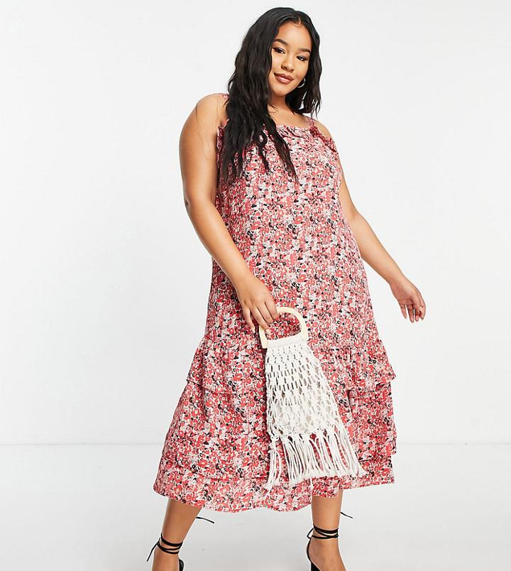 Simply Be Tiered Sundress In Red Ditsy Floral-multi