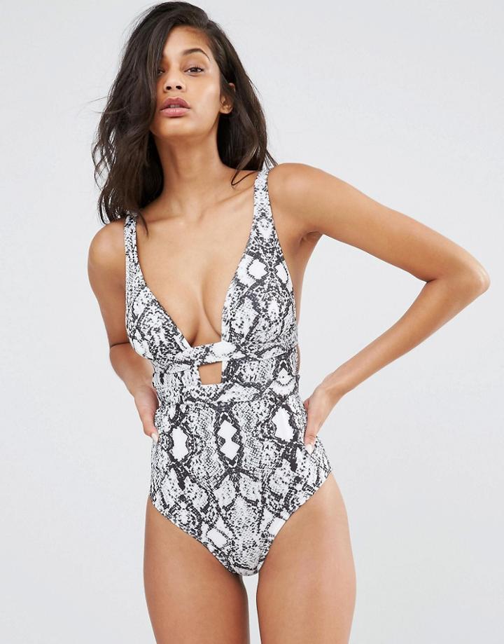 Asos Fuller Bust Mono Snake Print Plunge Swimsuit Dd-g - Snake Print