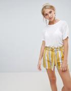 Stradivarius Stripe Print Tie Waist Shorts - Yellow
